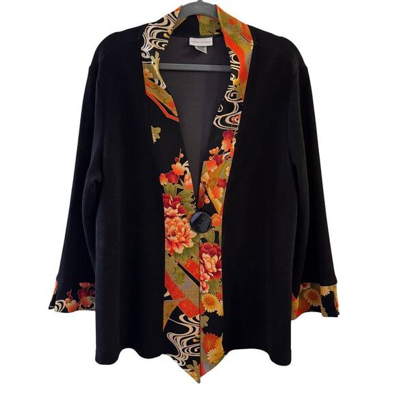 Soft Surroundings Womens Black Floral Trim Asian 1-Button Kimono Jacket XL USA - Picture 1 of 6